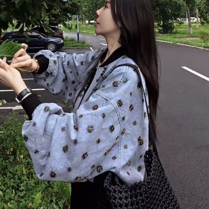 2025秋季新款真皮皮衣女短款绵羊皮拼牛仔面料夹克外套休闲潮上衣