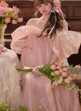 欧美孕妇拍照粉色蝴蝶结连衣裙影楼摄影礼服轻奢长裙孕妈大肚照裙