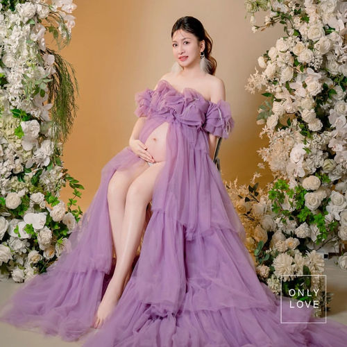 欧美定制孕妇一字肩网纱拖尾裙