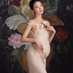 新款影楼孕妇拍照性感包身连衣裙礼服露肩孕妈大肚照写真开叉长裙