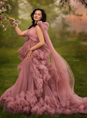 欧美孕妇拍照写真大拖尾网纱连衣裙影楼一婚纱摄影唯美孕妈礼服裙