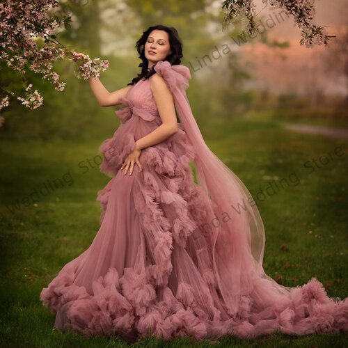 欧美孕妇拍照写真大拖尾网纱连衣裙影楼一婚纱摄影唯美孕妈礼服裙