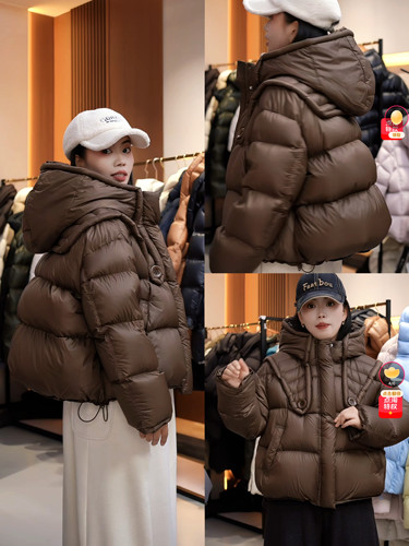 直角肩缎面咖色短款羽绒服加厚显瘦