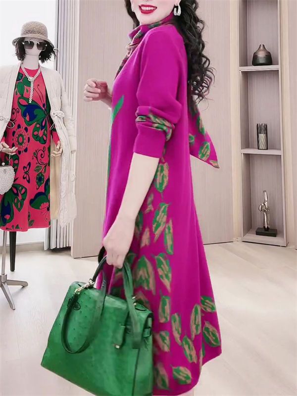 过膝长裙树叶民族风A字裙