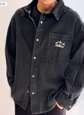 十字架鱼美式复古衬衫宽松休闲外套牛仔衬衣黑灰色阔版外穿打底