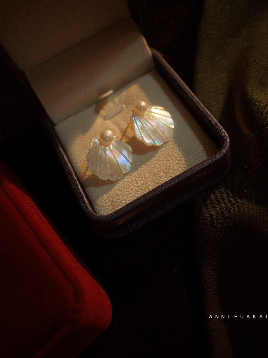 彩贝珍珠扇贝耳钉925银耳夹
