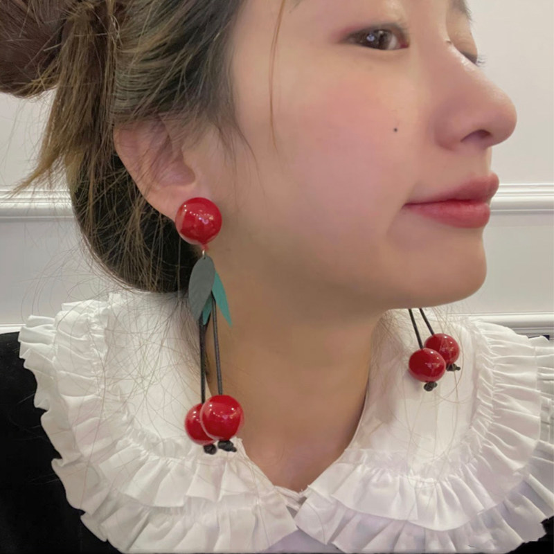 红色樱桃绿叶夸张长款耳坠甜美气质流苏个性耳环可爱少女学生耳饰
