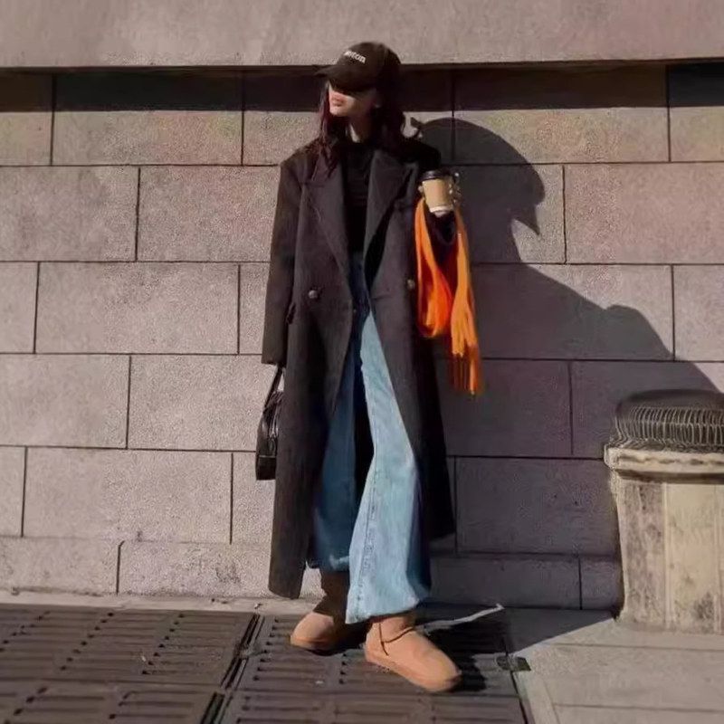 双面羊绒加长西装领垫肩大衣