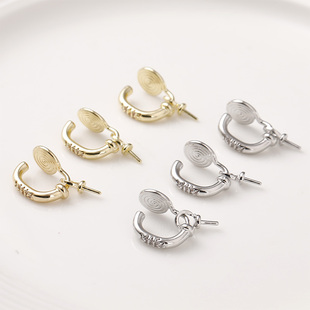 铜镀14k金保色U型带吊蚊香片耳骨夹带珍珠帽托diy手工耳环配件