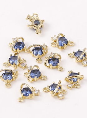 18k真金铜保色双吊蓝色锆石星球挂坠diy手链项链耳饰品吊坠配件