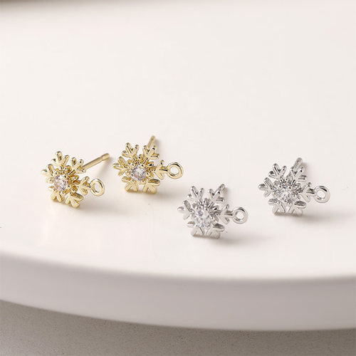 铜镀14k金保色镶锆石雪花耳钉