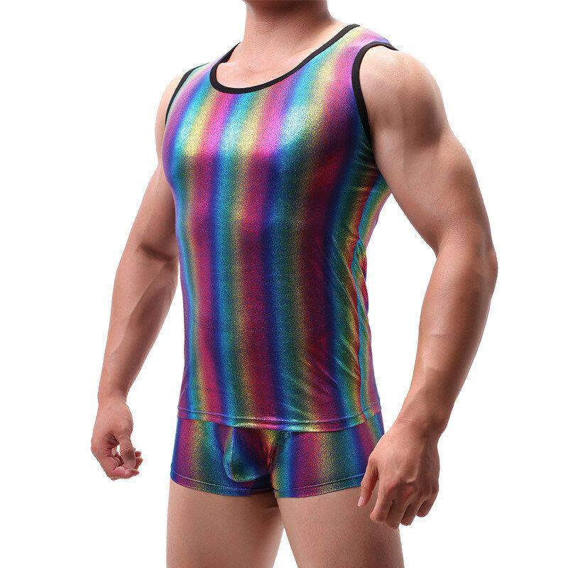 锦纶男士背心彩虹个性休闲高弹体操服圆领外贸内衣速卖通宽肩