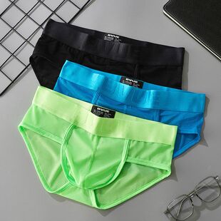 男士 透气内裤 跨境代发TEMU欧美性感三角裤 低腰U凸网纱冰丝薄款