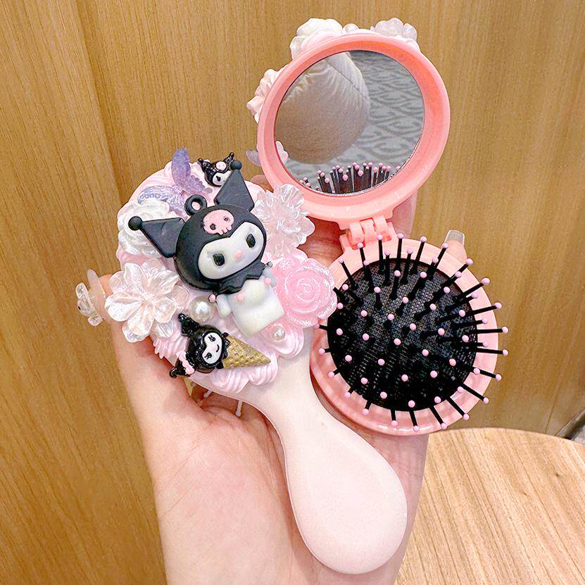 可爱黑猫diy奶油胶镜子梳子气垫梳创意手工制作材料包便携化妆镜