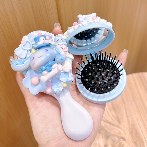 卡通长耳狗diy奶油胶镜子梳子气垫梳创意手工制作材料便携化妆镜