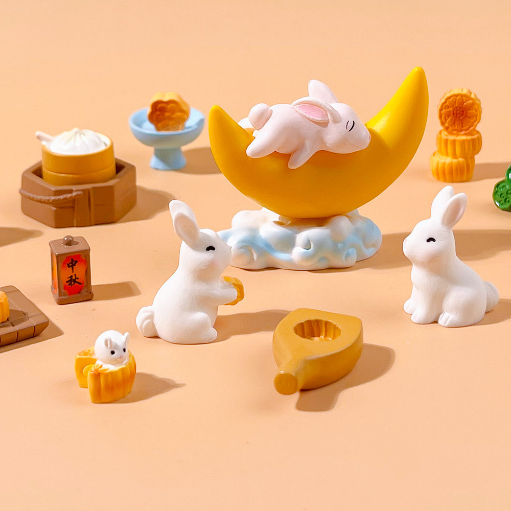 微景观摆件玉兔月饼可爱动物卡通迷你树脂手工diy制作材料