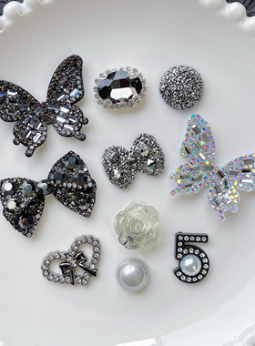 黑色系闪钻蝴蝶结手机壳发夹diy配饰树脂配件手工材料