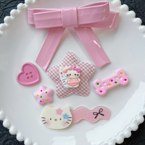 粉色格子星星kitty蝴蝶结奶油胶diy材料包手工制作发夹树脂配件