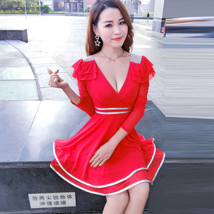 夜店长袖连衣裙性感修身KTV桑拿会所技师小姐工作服弹力秋季女装