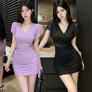 修身显瘦V领连衣裙新款夜店女装低胸性感技师工作服纯欲包臀短裙