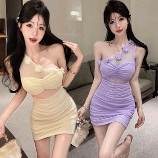 纯欲风性感连衣裙带胸垫低胸露背夜店女装新款足浴按摩技师工作服