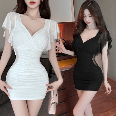 V领上班修身性感网纱纯色工作服