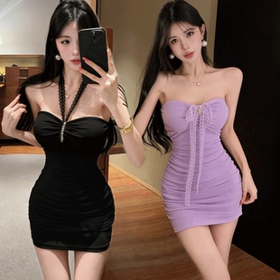 抹胸连衣裙带胸垫新款夜店女装低胸露背足浴按摩技师服包臀短裙子