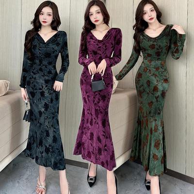 冰丝性感晕染植绒包臀连衣长裙