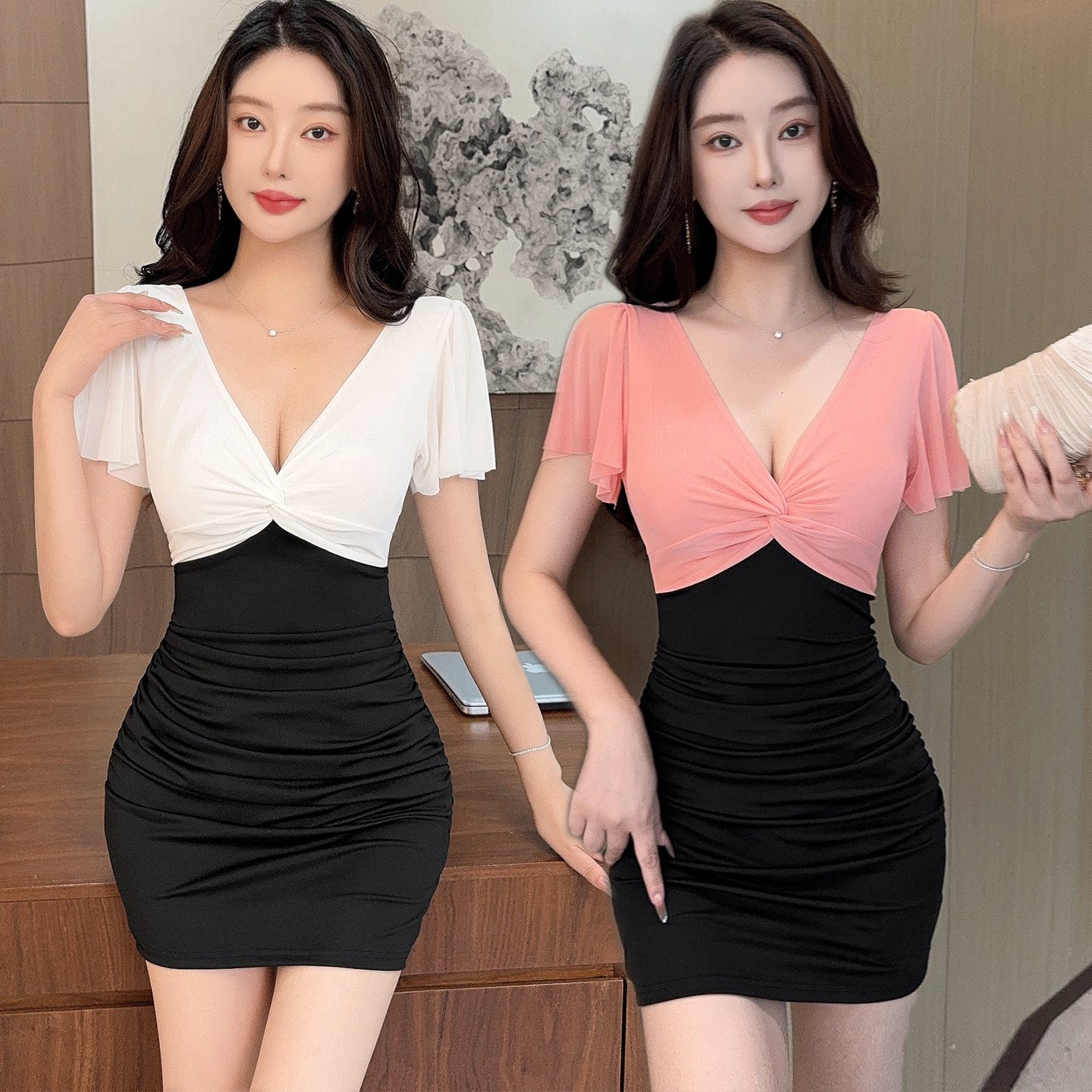 V领收腰连衣裙显瘦足疗工作服网纱性感夜店女装低胸包臀辣妹短裙