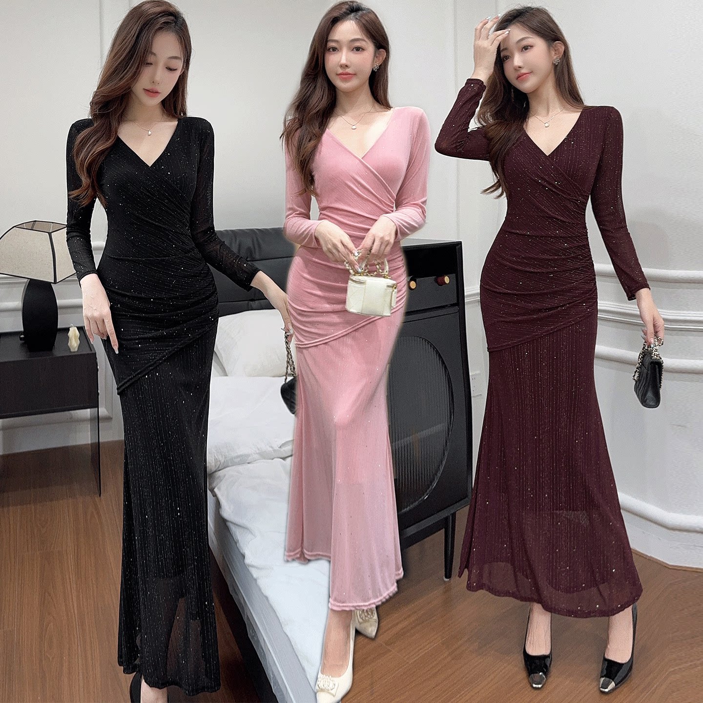 气质高级时尚名媛连衣裙长袖礼服修身显瘦长裙新款女装低胸网纱裙