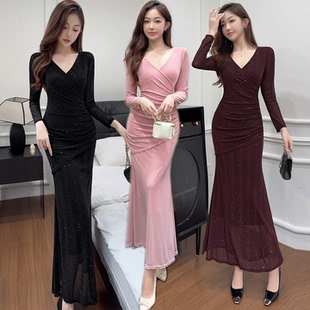 气质高级时尚名媛连衣裙长袖礼服修身显瘦长裙新款女装低胸网纱裙