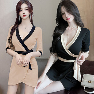 日韩性感女装 包臀连衣裙低胸酒吧休闲会所工衣弹力棉收腰显胸大裙