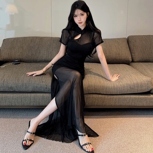 修身性感网纱连衣裙带胸垫改良旗袍长裙黑色显瘦夜店礼服复古工装