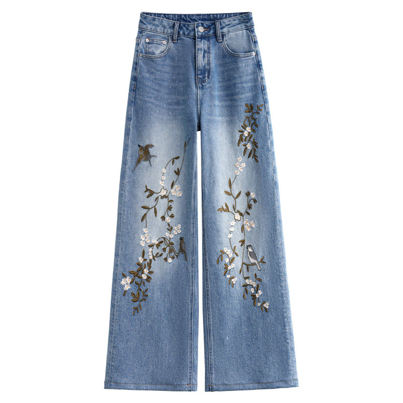 国风花鸟绣花烫钻牛仔阔腿裤女2026春秋高腰筒喇中式搭配长裤