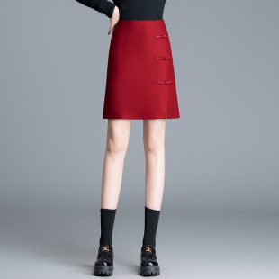 45CM长国风前侧开叉盘扣直筒裙高腰四面弹包臀短裙优雅古风搭配