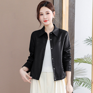 时尚洋气皮衣短款PU皮外套女2026年春款小个子衬衫领夹克上衣