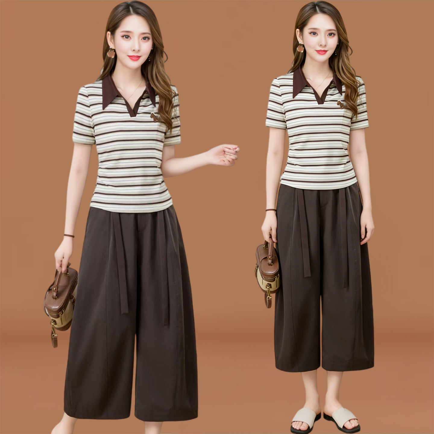 条纹短袖T恤+阔腿花苞裤九分裤高腰夏季时尚女装套裤上衣裤子