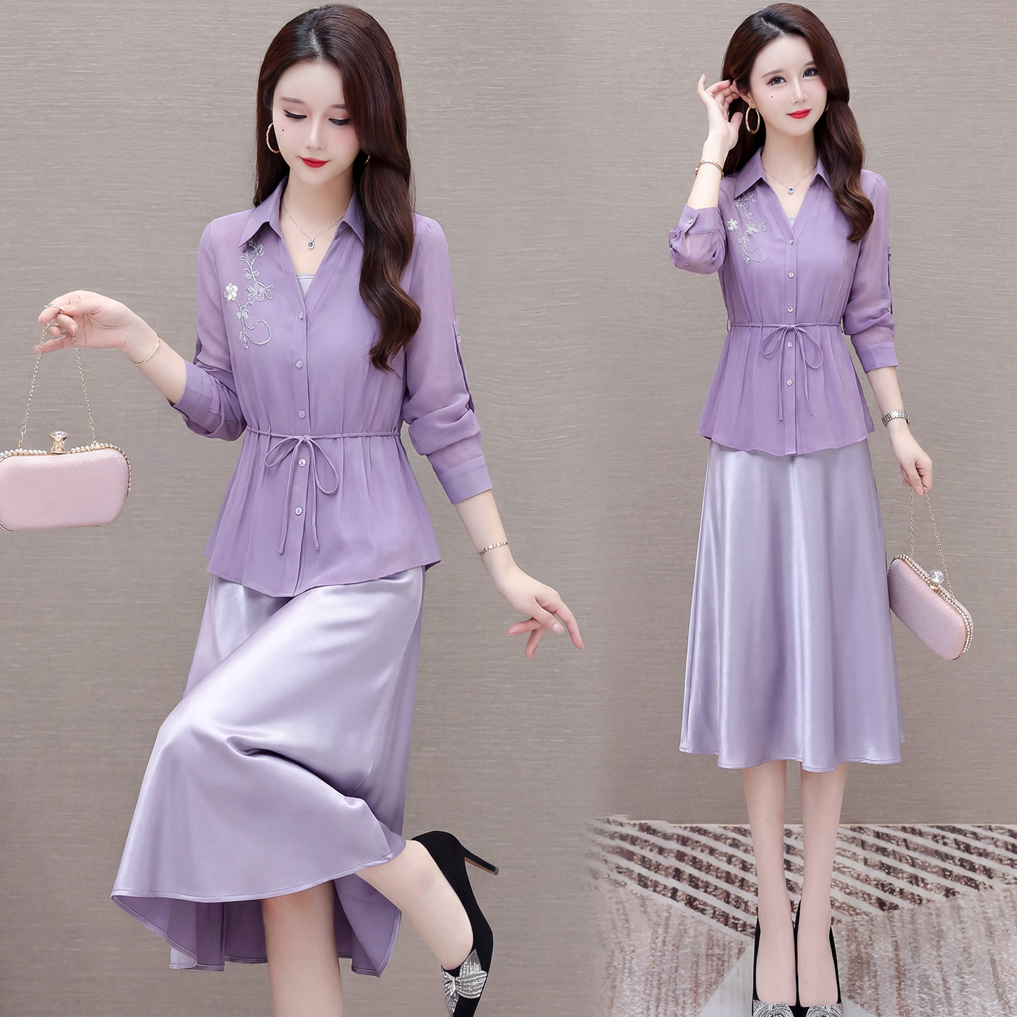 刺绣长袖雪纺衬衫+中长款背心连衣裙两件套裙系带收腰裙子套装