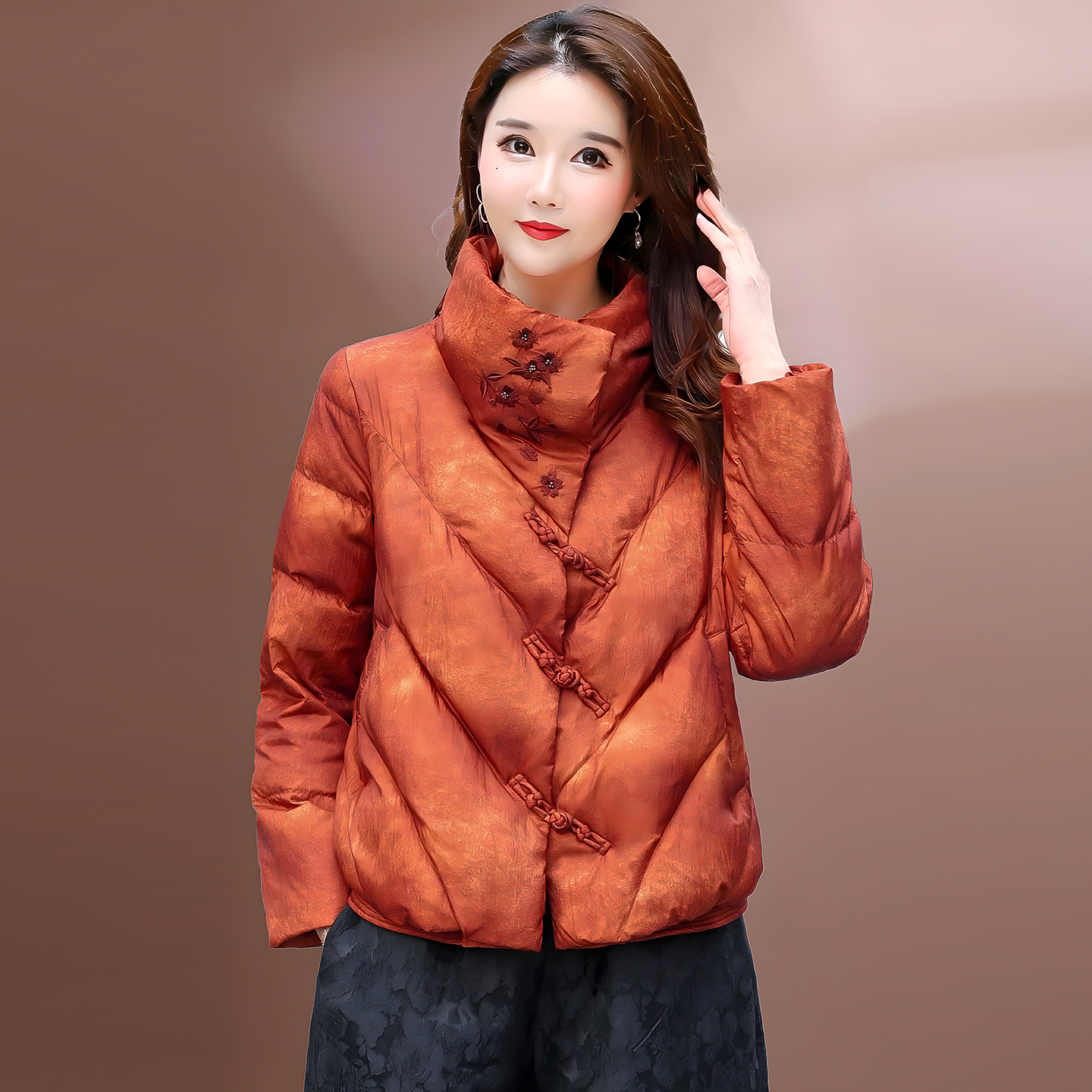 中式绣花羽绒服白鸭绒冬装外套