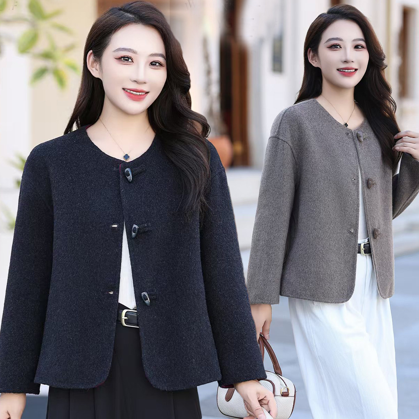 时尚洋气毛呢双面呢上衣2025秋冬新款落肩牛角扣外套宽松外衣