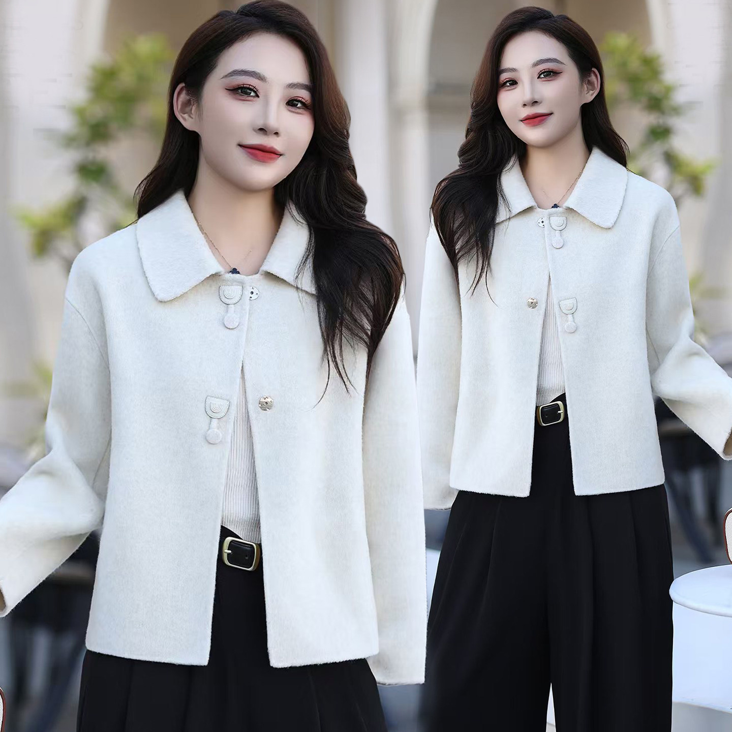 时尚洋气毛呢双面呢上衣2025秋冬新款落肩蝙蝠袖外套宽松外衣