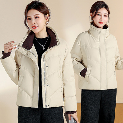 时尚洋气皮面羽绒服直下摆短款外套保暖高领2025年冬季白鸭绒上衣