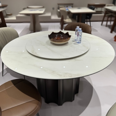 CZ028意式极简大理石微晶石圆餐桌1.35米圆餐台胡桃色带转盘餐桌