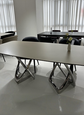 CZ227意式极简长餐台2米餐桌复合岩板台面不锈钢脚黑色米黄色台面