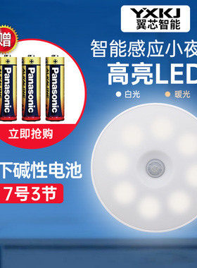 松下7号碱性电池3节配翼芯无线智能人体感应灯led夜灯非充电小夜灯过道家用自动声控光控楼道走廊壁灯