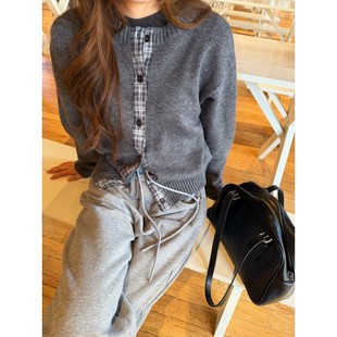 New 纹拼接系扣针织开衫 学院风格 女灰色毛衣外搭