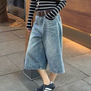 ACRAB 美式复古回潮款 做旧牛仔中裤宽松阔腿休闲裤女