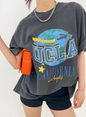 ACRAB美式复古字母印花深灰色短袖t恤女夏季连衣裙宽松显瘦上衣女