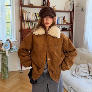 美式 ACRAB 复古麂皮绒拼接羊羔毛保暖夹棉外套上衣 New