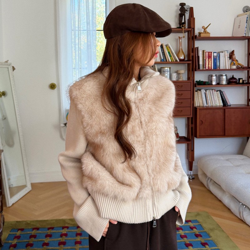 毛毛拼针织袖立领拉链毛衣外套